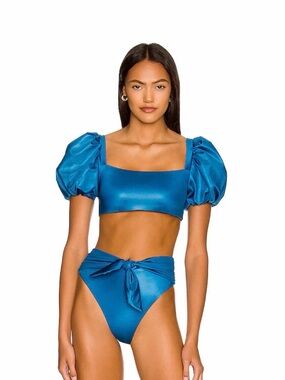 Agua Bendita Metallic Blue Puff Sleeve Bikini Set